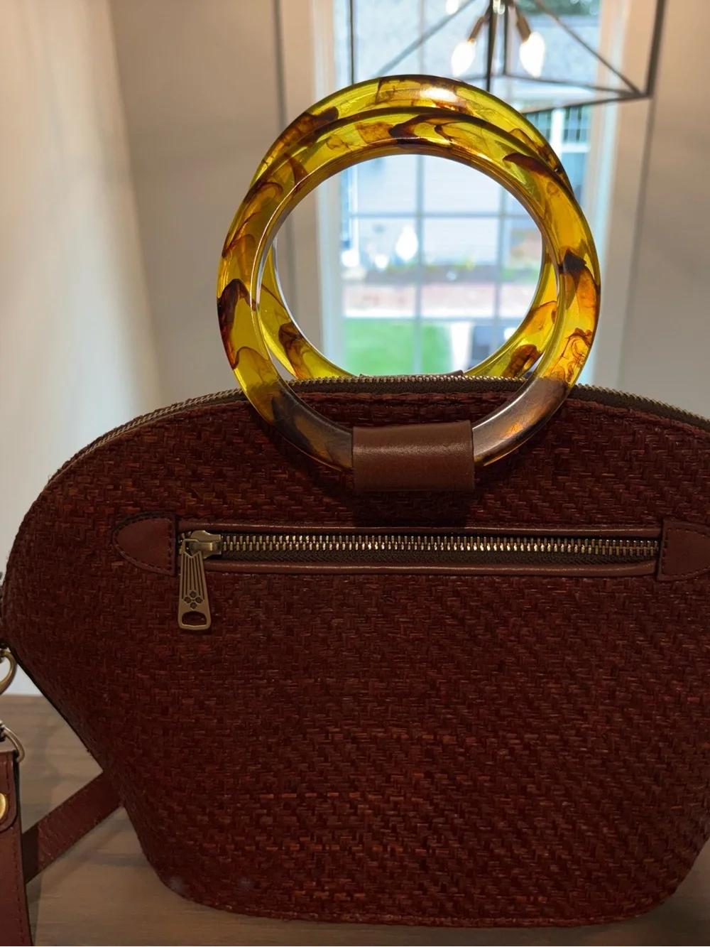 Patricia Nash Brown Woven Dome Bag with Tortoiseshell Ring Handles